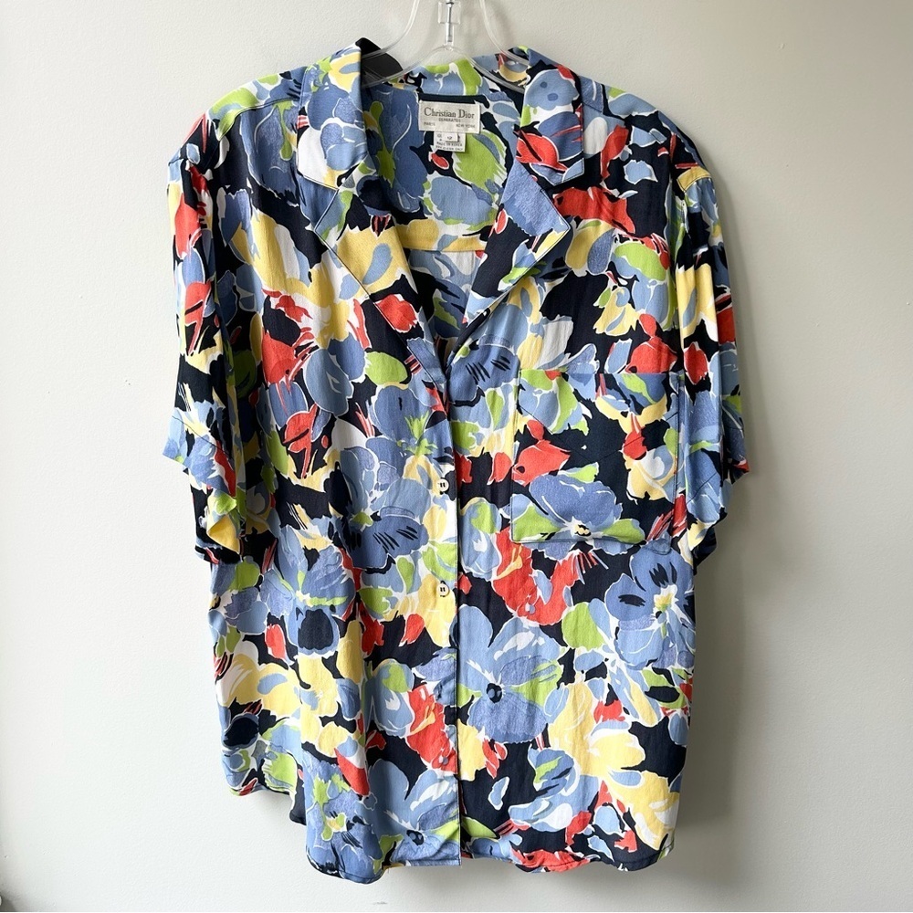 Christian Dior rayon tropical floral printed button down blouse